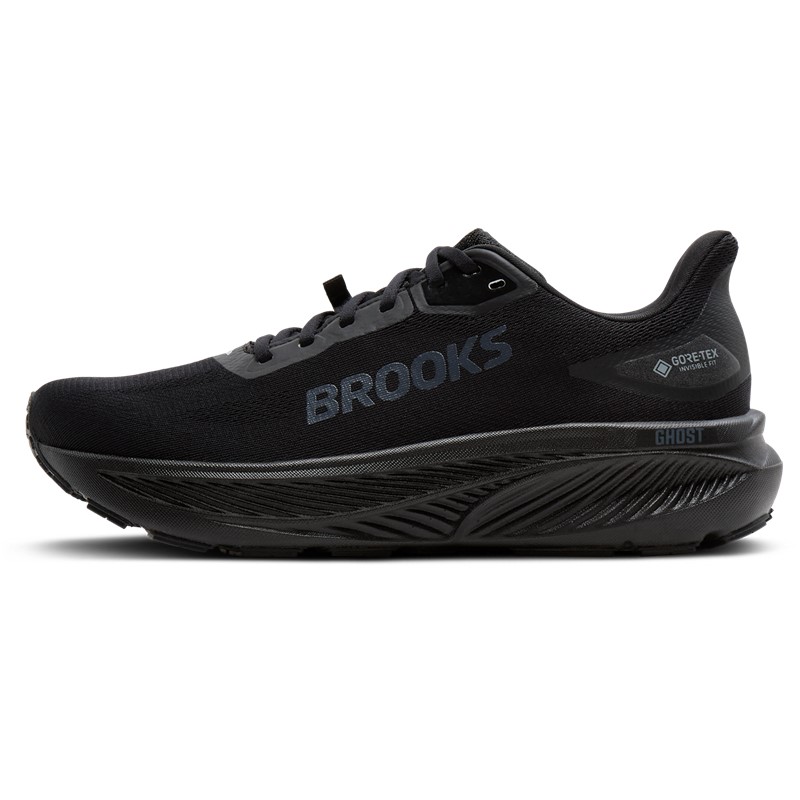 Vodoodporne moške cestne tekaške superge Brooks Ghost 18 GTX z membrano GORE‑TEX Invisible Fit, mehkim blaženjem DNA LOFT v3 in podplatom RoadTack za tek v dežju.
