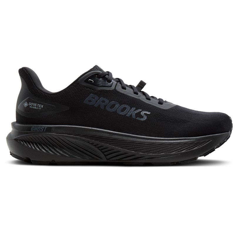 Vodoodporne moške cestne tekaške superge Brooks Ghost 18 GTX z membrano GORE‑TEX Invisible Fit, mehkim blaženjem DNA LOFT v3 in podplatom RoadTack za tek v dežju.