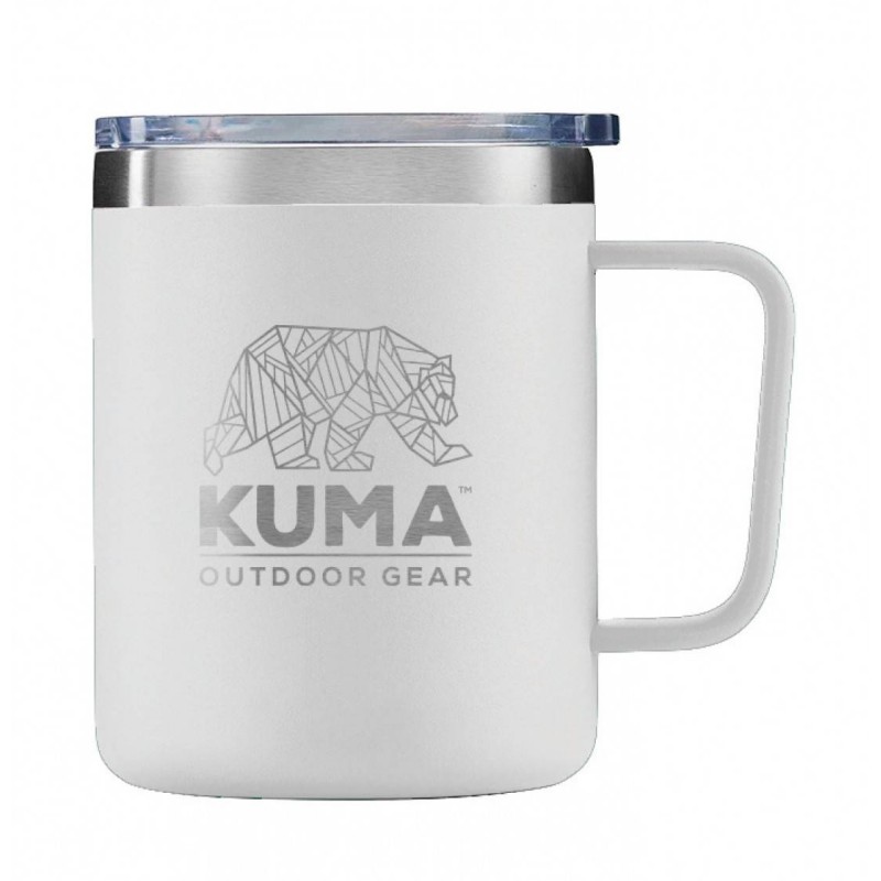 Potovalna skodelica KUMA v beli barvi, izdelana iz dvojnega nerjavečega jekla, je vakuumsko zatesnjena in odporna na razlitje. S prostornino 355 ml je idealna za uživanje pijač na poti.