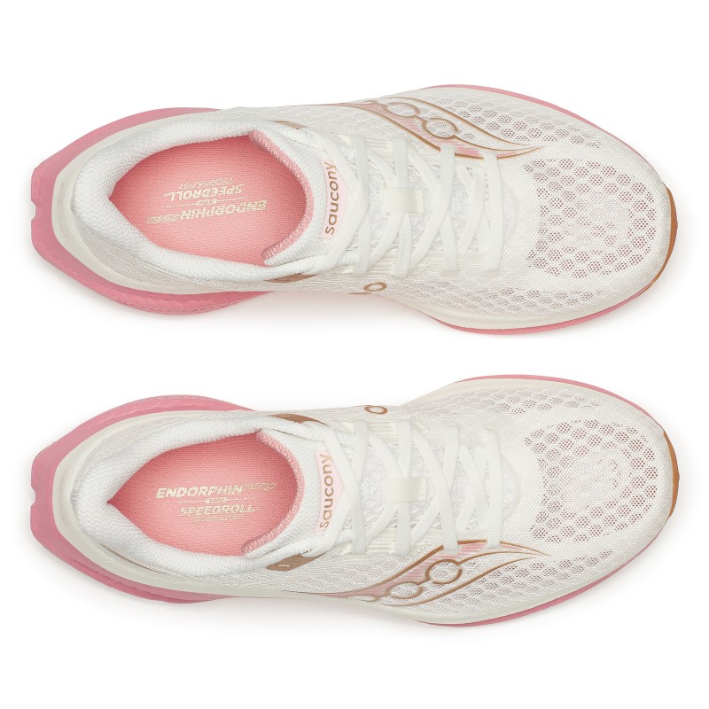 Saucony Endorphin Speed 5 so vrhunske ženske tekaške superge za hitrost, trening in tekmovanja. Najlonska plošča, PWRRUN PB blaženje in SPEEDROLL tehnologija za maksimalen odriv in osebne rekorde.