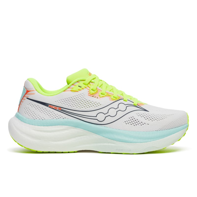 Saucony Ride 19 ženske tekaške superge zagotavljajo vrhunsko blaženje PWRRUN , lahkotnost in odzivnost za vsak tek. Popolna izbira za trening, dolge razdalje in vsakodnevni tek.