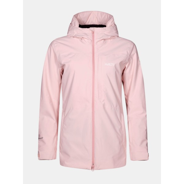 Ženska smučarska jakna Halti Gracer Veiled Pink – tehnično dovršena jakna z vodoodpornostjo 15.000 mm, Microtherm® Dynamic izolacijo in elegantnim daljšim krojem. Toplota, udobje in slog v enem.