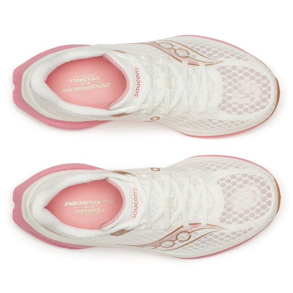 Saucony Endorphin Speed 5 so vrhunske ženske tekaške superge za hitrost, trening in tekmovanja. Najlonska plošča, PWRRUN PB blaženje in SPEEDROLL tehnologija za maksimalen odriv in osebne rekorde.
