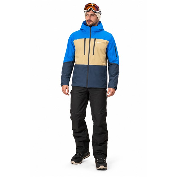 Moška smučarska jakna HALTI MELVIK Electric Blue Lemonade v atraktivni modro-rumeni barvni kombinaciji. Membrana DrymaxX® LN 4-Way Stretch zagotavlja vodni stolpec 15.000 mm in zračnost 15.000 g/m²/24 h. Jakna ima izolacijo Microtherm® Dynamic 60 g, popolnoma lepljene šive, prezračevanje pod pazduhami, fiksno snežno manšeto, vodoodbojne zadrge, nastavljivo kapuco in praktične žepe za smučarsko opremo.