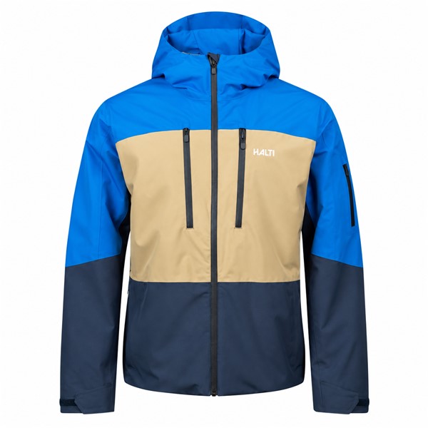 Moška smučarska jakna HALTI MELVIK Electric Blue Lemonade v atraktivni modro-rumeni barvni kombinaciji. Membrana DrymaxX® LN 4-Way Stretch zagotavlja vodni stolpec 15.000 mm in zračnost 15.000 g/m²/24 h. Jakna ima izolacijo Microtherm® Dynamic 60 g, popolnoma lepljene šive, prezračevanje pod pazduhami, fiksno snežno manšeto, vodoodbojne zadrge, nastavljivo kapuco in praktične žepe za smučarsko opremo.