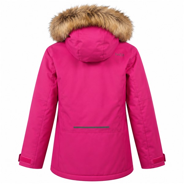 Otroška smučarska jakna HALTI PIPER FESTIVAL FUCHSIA v atraktivni rožnati barvi. Membrana DrymaxX® All Weather zagotavlja vodni stolpec 10.000 mm in zračnost 10.000 g/m²/24 h. Izolacija Microtherm® 120 skrbi za prijetno toploto. Jakna ima snemljivo kapuco z umetnim krznom, nastavljive zaključke rokavov, nastavljiv spodnji rob, dva stranska žepa, žep za smučarsko vozovnico in odsevne detajle.