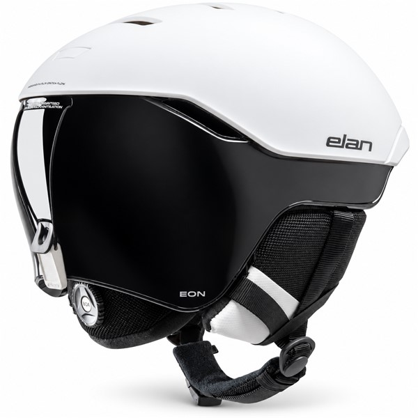 Smučarska čelada ELAN EON PRO v športni črno-beli barvni kombinaciji BLACK/WHITE. Dvojna zaščitna konstrukcija IRDS, tehnologija PC In-Mold, sistem BOA® 360 Fit, nastavljivo prezračevanje Adjustable Airstream, zračna podloga AirFlow in ušesne blazinice PureSound zagotavljajo udobje, funkcionalnost in sodoben športni videz. Zasnovano v slovenskih Alpah.