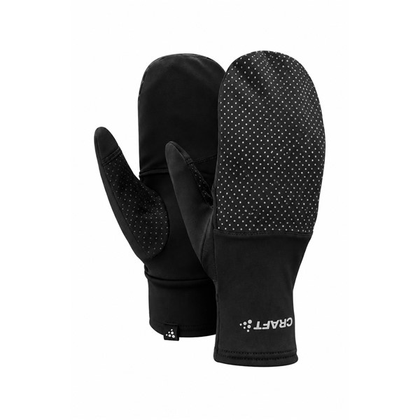 Originalne tehnične tekaške rokavice CRAFT Lumen Fleece Hybrid Glove 2 Black v črni barvi. Napredna hibridna konstrukcija 2 v 1 omogoča uporabo klasičnih tekaških rokavic ali dodatne preklopne zaščite prstov. Mehka funkcionalna jersey tkanina iz 88 % recikliranega poliestra in 12 % elastana zagotavlja udobno prileganje. Odsevni potiski na prstih in preklopnem delu, praktičen predalček za ključ ter možnost uporabe zaslona na dotik zagotavljajo dodatno funkcionalnost pri teku v hladnem vremenu.
