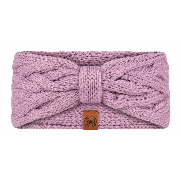 Eleganten in topel pleteni trak za glavo BUFF® Knitted Caryn Lilac Ice v nežni lila barvi, izdelan iz mešanice akrila in volne, za zaščito ušes pred mrazom in vsakodnevno zimsko uporabo.