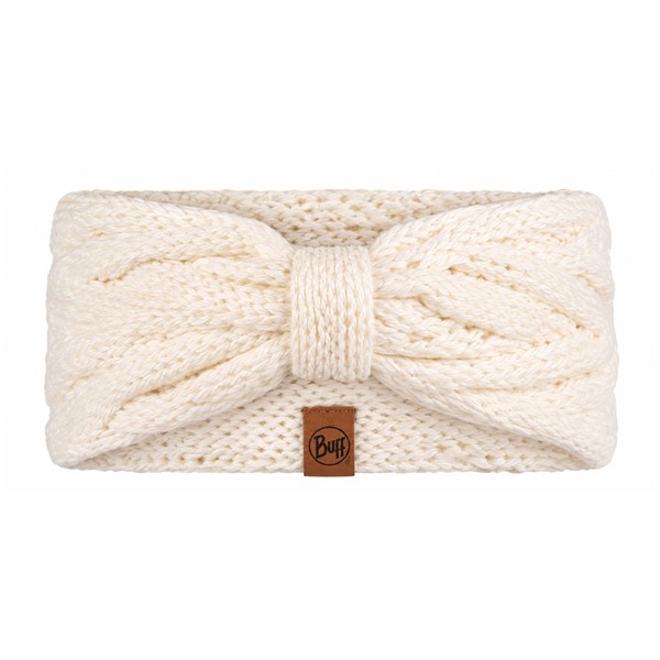 Eleganten in topel pleteni trak za glavo BUFF® Knitted Caryn White v beli barvi, izdelan iz mešanice akrila in volne, za zaščito ušes pred mrazom in vsakodnevno zimsko uporabo.