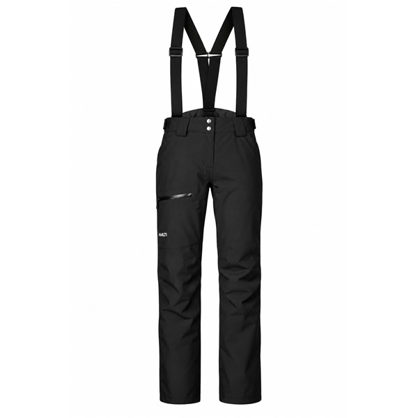 Ženske smučarske hlače HALTI Carvey II DX Black v elegantni črni barvi P99 Black. Tehnični material DrymaxX LN 4-Way Stretch zagotavlja vodni stolpec 15.000 mm in zračnost 15.000 g/m²/24 h, izolacija Microtherm Dynamic 40 g pa učinkovito toplotno zaščito. Hlače imajo snemljive naramnice, nastavljiv pas, popolnoma lepljene šive, notranje snežne gamaše, ojačitve Stretch Cordura in stegenski žep z vodoodbojno zadrgo.