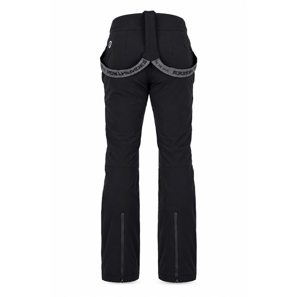 Ženske smučarske hlače NORTHFINDER PrimaLoft CASSANDRA v črni barvi z vodnim stolpcem 10.000 mm in zračnostjo 10.000 g/m²/24 h. Izolacija PrimaLoft® Eco Black, raztegljiva dvoslojna konstrukcija, predoblikovana kolena, nastavljiv pas, vodoodporne zadrge YKK® in varnostni sistem RECCO® zagotavljajo toploto, udobje in funkcionalnost med smučanjem.