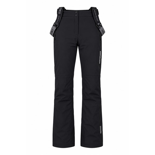 Ženske smučarske hlače NORTHFINDER PrimaLoft CASSANDRA v črni barvi z vodnim stolpcem 10.000 mm in zračnostjo 10.000 g/m²/24 h. Izolacija PrimaLoft® Eco Black, raztegljiva dvoslojna konstrukcija, predoblikovana kolena, nastavljiv pas, vodoodporne zadrge YKK® in varnostni sistem RECCO® zagotavljajo toploto, udobje in funkcionalnost med smučanjem.