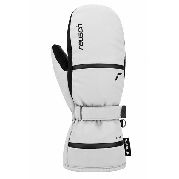 Ženske smučarske rokavice na en prst REUSCH ALESSIA GORE-TEX MITTEN v belo-črni barvi. Nepremočljiva in zračna membrana GORE-TEX®, izolacija PrimaLoft® Gold, dodatna zaščita konic prstov ThermoHood™, mehka podloga MicroActive, kakovostna dlan iz kozjega usnja in nastavljiv trak na zapestju zagotavljajo izjemno toploto, zaščito in udobje med smučanjem.