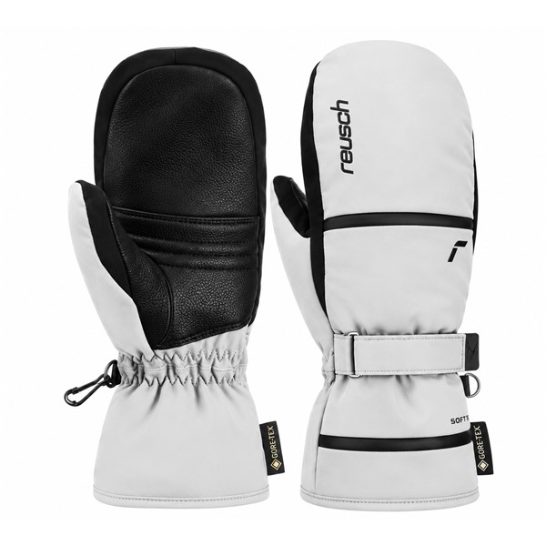 Ženske smučarske rokavice na en prst REUSCH ALESSIA GORE-TEX MITTEN v belo-črni barvi. Nepremočljiva in zračna membrana GORE-TEX®, izolacija PrimaLoft® Gold, dodatna zaščita konic prstov ThermoHood™, mehka podloga MicroActive, kakovostna dlan iz kozjega usnja in nastavljiv trak na zapestju zagotavljajo izjemno toploto, zaščito in udobje med smučanjem.