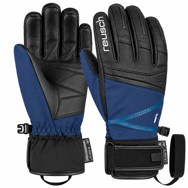 Ženske smučarske rokavice REUSCH MIKAELA SHIFFRIN R-TEX® XT v barvni kombinaciji BLACK / DRESS BLUE. Podpisni model Mikaele Shiffrin z nepremočljivo membrano R-TEX® XT, izolacijo PrimaLoft® Gold, kakovostnim kozjim usnjem, materialoma Softshell in Softshell Premium ter mehkima podlogama SoftPlush in MicroActive zagotavlja izjemno toploto, udobje in natančen oprijem med smučanjem.