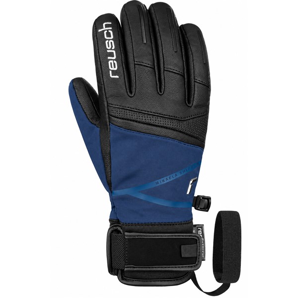 Ženske smučarske rokavice REUSCH MIKAELA SHIFFRIN R-TEX® XT v barvni kombinaciji BLACK / DRESS BLUE. Podpisni model Mikaele Shiffrin z nepremočljivo membrano R-TEX® XT, izolacijo PrimaLoft® Gold, kakovostnim kozjim usnjem, materialoma Softshell in Softshell Premium ter mehkima podlogama SoftPlush in MicroActive zagotavlja izjemno toploto, udobje in natančen oprijem med smučanjem.