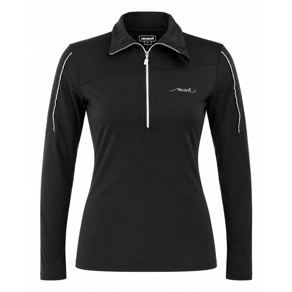 Ženski puli z zadrgo REUSCH DELUXE BLACK/SILVER v elegantni črni barvi s srebrnimi poudarki. Praktičen športni puli z višjim ovratnikom je primeren kot srednji sloj pod smučarsko jakno ali kot samostojno oblačilo za zimske aktivnosti in prosti čas.