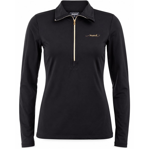 Ženski tehnični smučarski puli REUSCH SUPREME BLACK/GOLD v elegantni črni barvi z zlatimi poudarki. Raztegljiv material iz 95 % poliestra in 5 % elastana, visok ovratnik ter praktična kratka zadrga zagotavljajo udobje, svobodo gibanja in športno eleganten videz pri smučanju ter drugih zimskih aktivnostih.