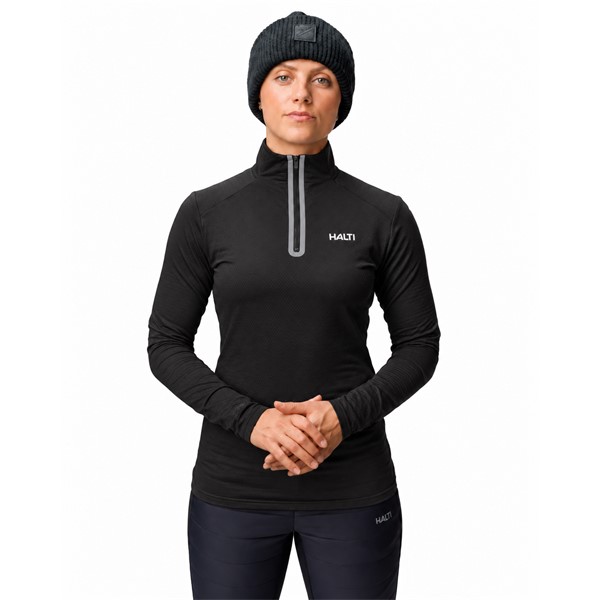 Ženski tehnični smučarski puli HALTI JAAKO BLACK v elegantni črni barvi. Lahek material Active Dry Sport Knit iz 94 % recikliranega poliestra in 6 % elastana, mrežasto strukturirana notranjost ter visok ovratnik zagotavljajo učinkovito odvajanje vlage, zračnost in svobodo gibanja pri smučanju, pohodništvu ter drugih športnih aktivnostih.