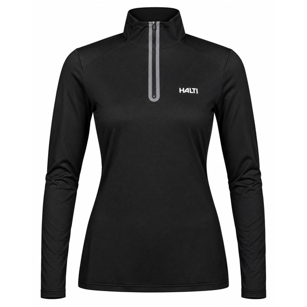 Ženski tehnični smučarski puli HALTI JAAKO BLACK v elegantni črni barvi. Lahek material Active Dry Sport Knit iz 94 % recikliranega poliestra in 6 % elastana, mrežasto strukturirana notranjost ter visok ovratnik zagotavljajo učinkovito odvajanje vlage, zračnost in svobodo gibanja pri smučanju, pohodništvu ter drugih športnih aktivnostih.