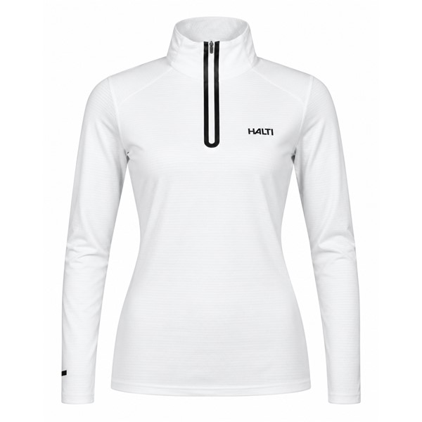 Ženski tehnični smučarski puli HALTI JAAKO WHITE v elegantni beli barvi s kontrastno črno zadrgo. Lahek material Active Dry Sport Knit iz 94 % recikliranega poliestra in 6 % elastana, mrežasto strukturirana notranjost ter visok ovratnik zagotavljajo učinkovito odvajanje vlage, zračnost in svobodo gibanja pri smučanju, pohodništvu in drugih športnih aktivnostih.
