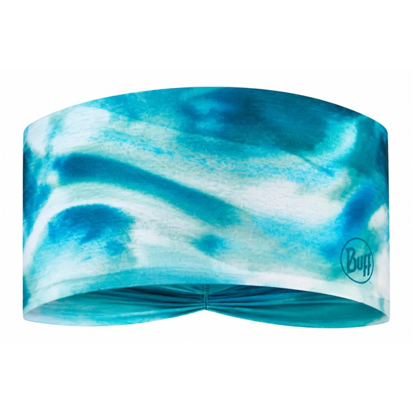 Lahek in zračen ženski športni trak BUFF® CoolNet UV® Ellipse Headband Newa Pool s tehnologijo HeiQ®, UV-zaščito UPF 50, 95 % reciklirane vsebine in silikonskim oprijemom za tek, pohodništvo in intenzivne športne aktivnosti.