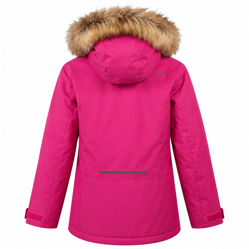 Otroška smučarska jakna HALTI PIPER FESTIVAL FUCHSIA v atraktivni rožnati barvi. Membrana DrymaxX® All Weather zagotavlja vodni stolpec 10.000 mm in zračnost 10.000 g/m²/24 h. Izolacija Microtherm® 120 skrbi za prijetno toploto. Jakna ima snemljivo kapuco z umetnim krznom, nastavljive zaključke rokavov, nastavljiv spodnji rob, dva stranska žepa, žep za smučarsko vozovnico in odsevne detajle.