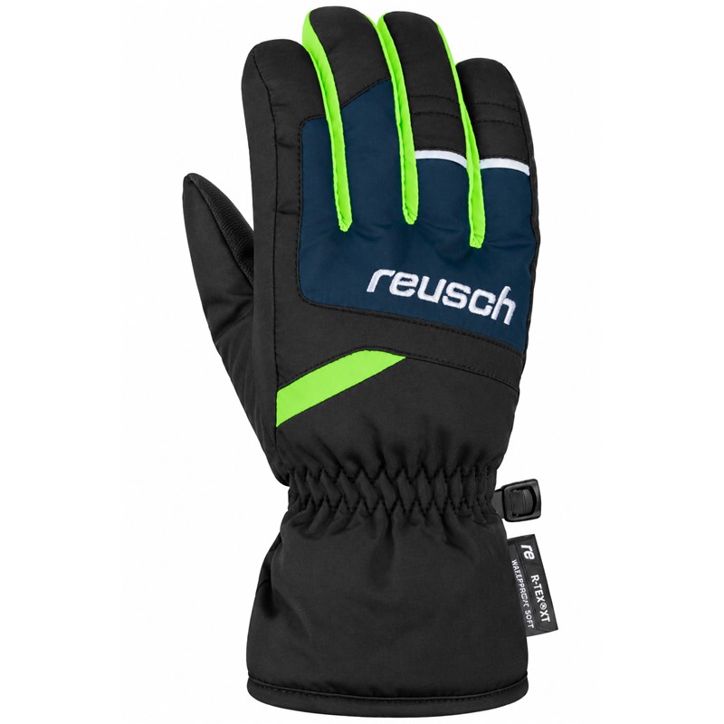 Otroške smučarske rokavice REUSCH BENNET R-TEX® XT JUNIOR v barvni kombinaciji BLACK / DRESS BLUE / NEON GREEN. Nepremočljiva in zračna membrana R-TEX® XT, sintetična izolacija TecFill™, dlan Hybrid PU, zunanja materiala FineTex in Haze Melange ter mehka notranja podloga MicroActive zagotavljajo zaščito, toploto in udobje med smučanjem.