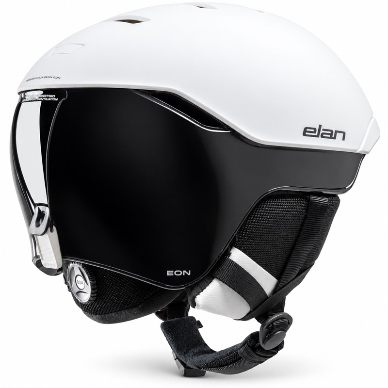 Smučarska čelada ELAN EON PRO v športni črno-beli barvni kombinaciji BLACK/WHITE. Dvojna zaščitna konstrukcija IRDS, tehnologija PC In-Mold, sistem BOA® 360 Fit, nastavljivo prezračevanje Adjustable Airstream, zračna podloga AirFlow in ušesne blazinice PureSound zagotavljajo udobje, funkcionalnost in sodoben športni videz. Zasnovano v slovenskih Alpah.