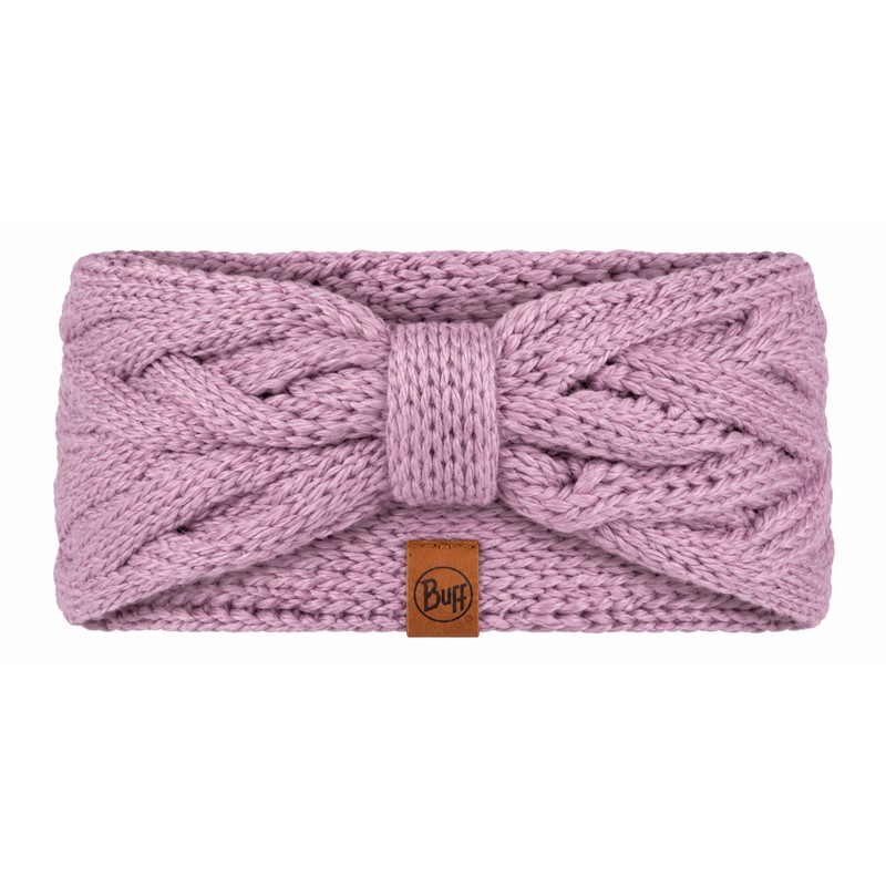 Eleganten in topel pleteni trak za glavo BUFF® Knitted Caryn Lilac Ice v nežni lila barvi, izdelan iz mešanice akrila in volne, za zaščito ušes pred mrazom in vsakodnevno zimsko uporabo.