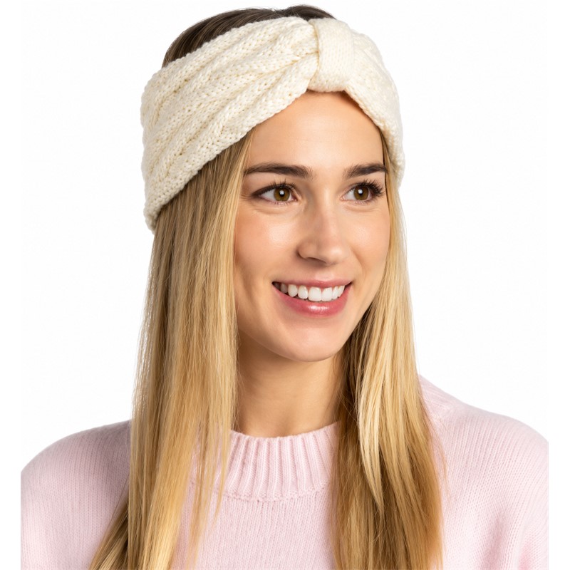 Eleganten in topel pleteni trak za glavo BUFF® Knitted Caryn White v beli barvi, izdelan iz mešanice akrila in volne, za zaščito ušes pred mrazom in vsakodnevno zimsko uporabo.