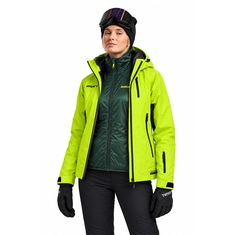 Ženska jakna ELAN DEMO W REVERSIBLE JACKET je lahka obojestranska izolirana jakna z dvema načinoma nošenja. Opremljena je s 60 g polnila DuPont Sorona, zunanjim materialom ripstop iz 100 % poliestra, vodoodbojno površinsko obdelavo brez PFC in dvema stranskima žepoma. Primerna je kot lahka prehodna jakna ali dodatna izolacijska plast pod smučarsko jakno.