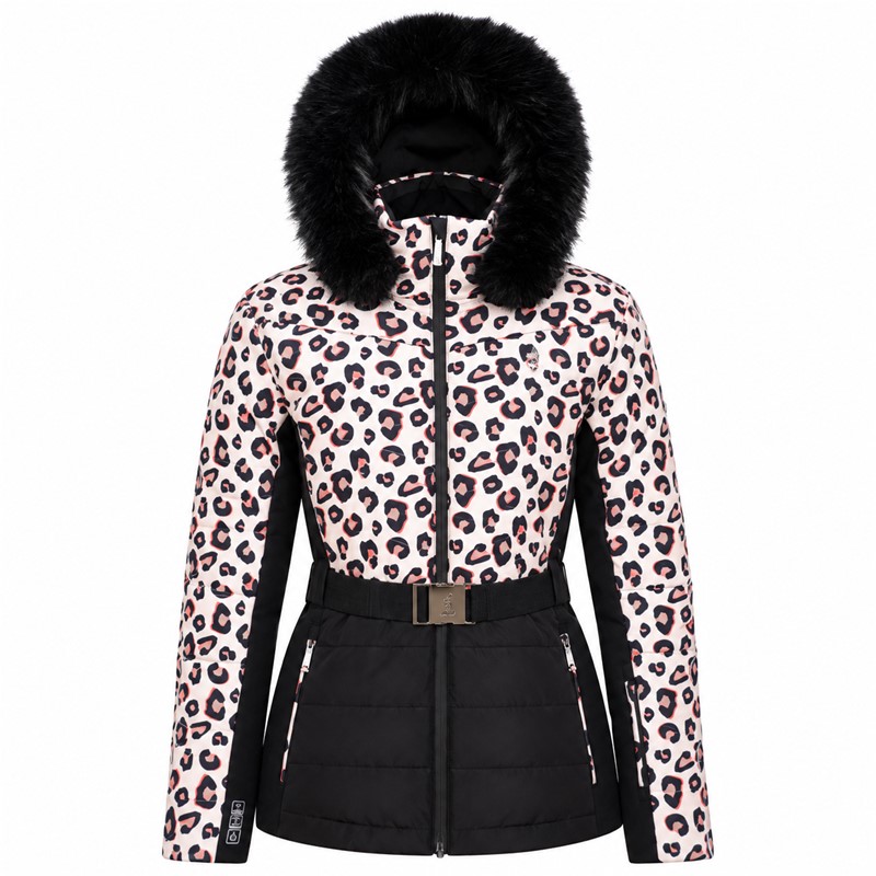 Elegantna ženska smučarska jakna AULP CAPRI LEOPARD z atraktivnim leopardjim vzorcem in poudarjenim pasom. Zunanji material zagotavlja nepremočljivost in zračnost 15K/15K, bogata sintetična izolacija do 300 g pa poskrbi za prijetno toploto. Jakna ima raztegljive softshell vstavke, snemljivo kapuco z umetnim krznom, snežno manšeto, notranje Lycra manšete in praktične žepe.