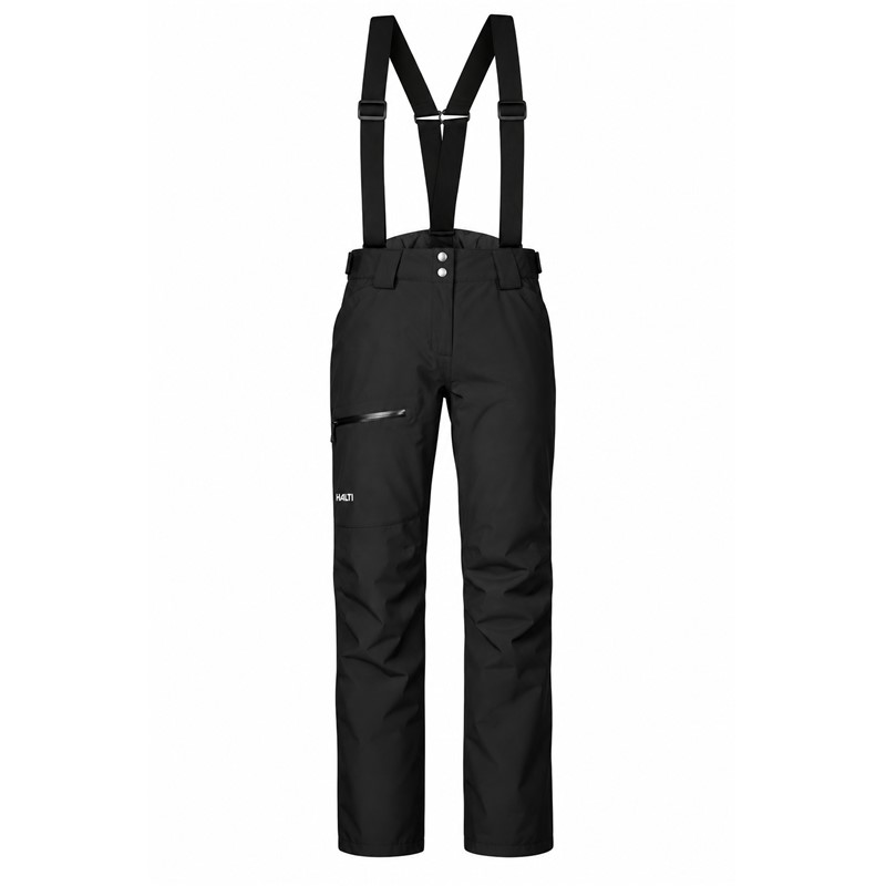 Ženske smučarske hlače HALTI Carvey II DX Black v elegantni črni barvi P99 Black. Tehnični material DrymaxX LN 4-Way Stretch zagotavlja vodni stolpec 15.000 mm in zračnost 15.000 g/m²/24 h, izolacija Microtherm Dynamic 40 g pa učinkovito toplotno zaščito. Hlače imajo snemljive naramnice, nastavljiv pas, popolnoma lepljene šive, notranje snežne gamaše, ojačitve Stretch Cordura in stegenski žep z vodoodbojno zadrgo.