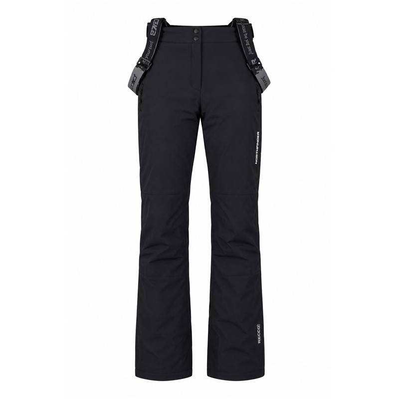 Ženske smučarske hlače NORTHFINDER PrimaLoft CASSANDRA v črni barvi z vodnim stolpcem 10.000 mm in zračnostjo 10.000 g/m²/24 h. Izolacija PrimaLoft® Eco Black, raztegljiva dvoslojna konstrukcija, predoblikovana kolena, nastavljiv pas, vodoodporne zadrge YKK® in varnostni sistem RECCO® zagotavljajo toploto, udobje in funkcionalnost med smučanjem.