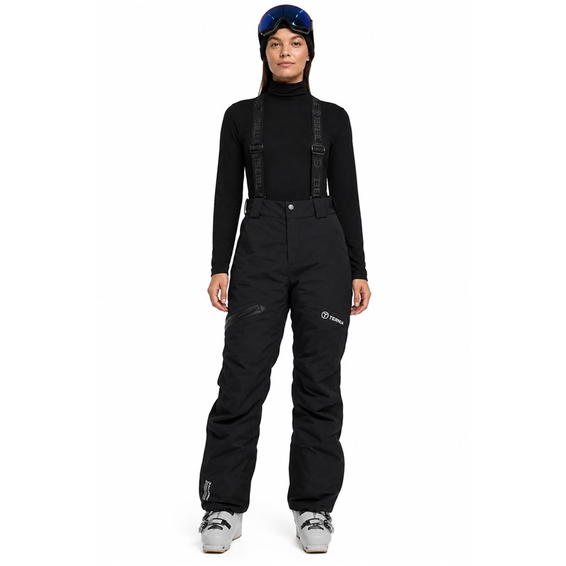 Ženske smučarske hlače TENSON Core BLACK z vodnim stolpcem 8.000 mm in zračnostjo 8.000 g/m²/24 h. Membrana MPC Plus, izolacija Air-Push 80 g, zunanji material s 33 % recikliranega poliestra, odstranljive naramnice, nastavljiv pas, anatomsko oblikovana kolena, ojačani zaključki hlačnic in notranje snežne gamaše zagotavljajo funkcionalnost za celodnevno smučanje