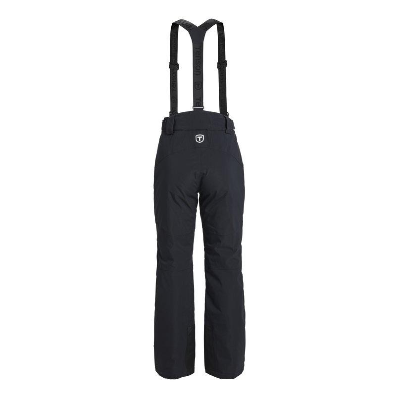 Ženske smučarske hlače TENSON Core BLACK z vodnim stolpcem 8.000 mm in zračnostjo 8.000 g/m²/24 h. Membrana MPC Plus, izolacija Air-Push 80 g, zunanji material s 33 % recikliranega poliestra, odstranljive naramnice, nastavljiv pas, anatomsko oblikovana kolena, ojačani zaključki hlačnic in notranje snežne gamaše zagotavljajo funkcionalnost za celodnevno smučanje