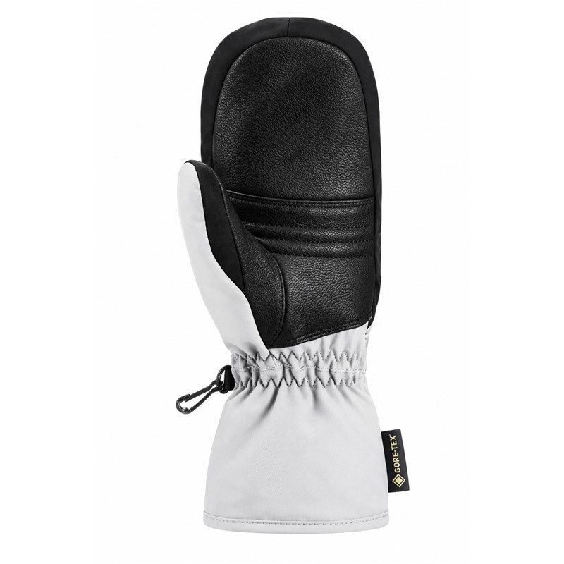 Ženske smučarske rokavice na en prst REUSCH ALESSIA GORE-TEX MITTEN v belo-črni barvi. Nepremočljiva in zračna membrana GORE-TEX®, izolacija PrimaLoft® Gold, dodatna zaščita konic prstov ThermoHood™, mehka podloga MicroActive, kakovostna dlan iz kozjega usnja in nastavljiv trak na zapestju zagotavljajo izjemno toploto, zaščito in udobje med smučanjem.