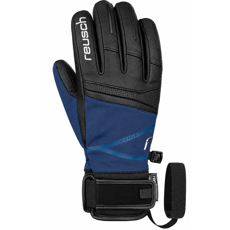Ženske smučarske rokavice REUSCH MIKAELA SHIFFRIN R-TEX® XT v barvni kombinaciji BLACK / DRESS BLUE. Podpisni model Mikaele Shiffrin z nepremočljivo membrano R-TEX® XT, izolacijo PrimaLoft® Gold, kakovostnim kozjim usnjem, materialoma Softshell in Softshell Premium ter mehkima podlogama SoftPlush in MicroActive zagotavlja izjemno toploto, udobje in natančen oprijem med smučanjem.