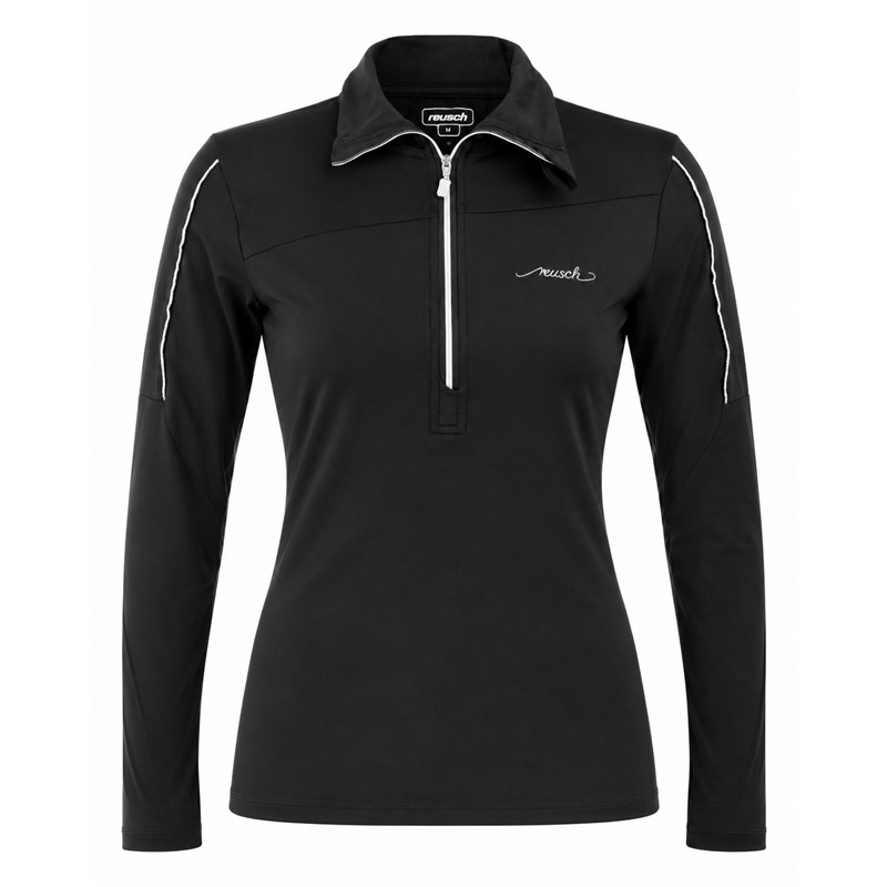 Ženski puli z zadrgo REUSCH DELUXE BLACK/SILVER v elegantni črni barvi s srebrnimi poudarki. Praktičen športni puli z višjim ovratnikom je primeren kot srednji sloj pod smučarsko jakno ali kot samostojno oblačilo za zimske aktivnosti in prosti čas.