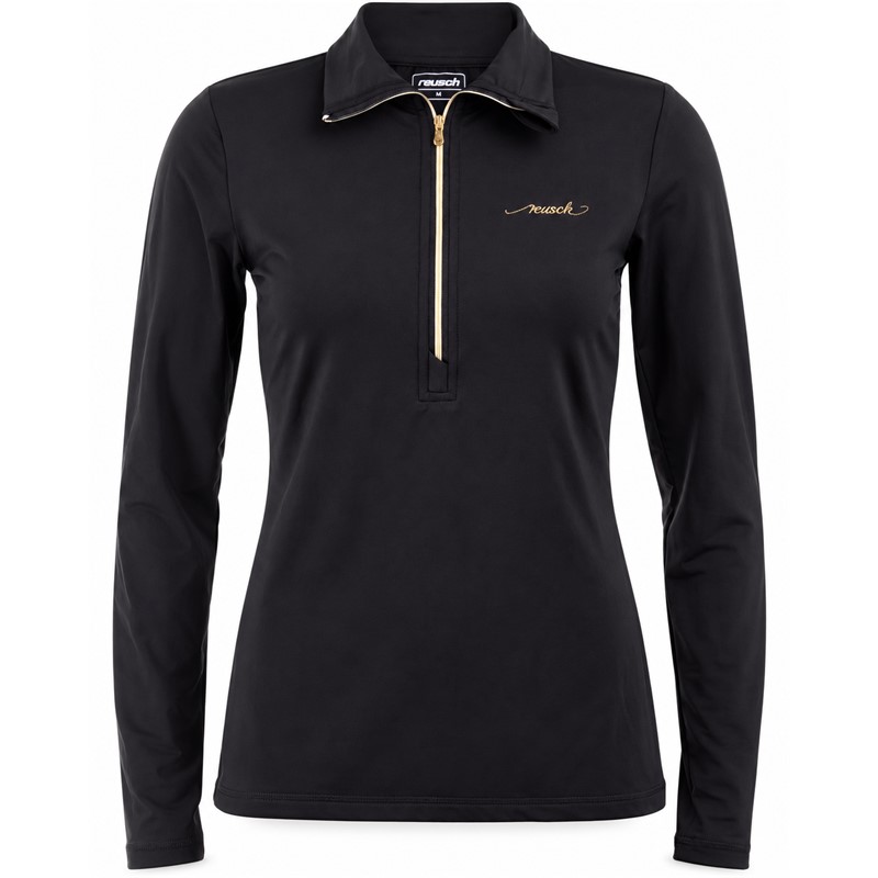 Ženski tehnični smučarski puli REUSCH SUPREME BLACK/GOLD v elegantni črni barvi z zlatimi poudarki. Raztegljiv material iz 95 % poliestra in 5 % elastana, visok ovratnik ter praktična kratka zadrga zagotavljajo udobje, svobodo gibanja in športno eleganten videz pri smučanju ter drugih zimskih aktivnostih.