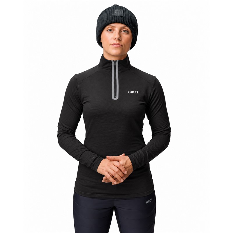Ženski tehnični smučarski puli HALTI JAAKO BLACK v elegantni črni barvi. Lahek material Active Dry Sport Knit iz 94 % recikliranega poliestra in 6 % elastana, mrežasto strukturirana notranjost ter visok ovratnik zagotavljajo učinkovito odvajanje vlage, zračnost in svobodo gibanja pri smučanju, pohodništvu ter drugih športnih aktivnostih.
