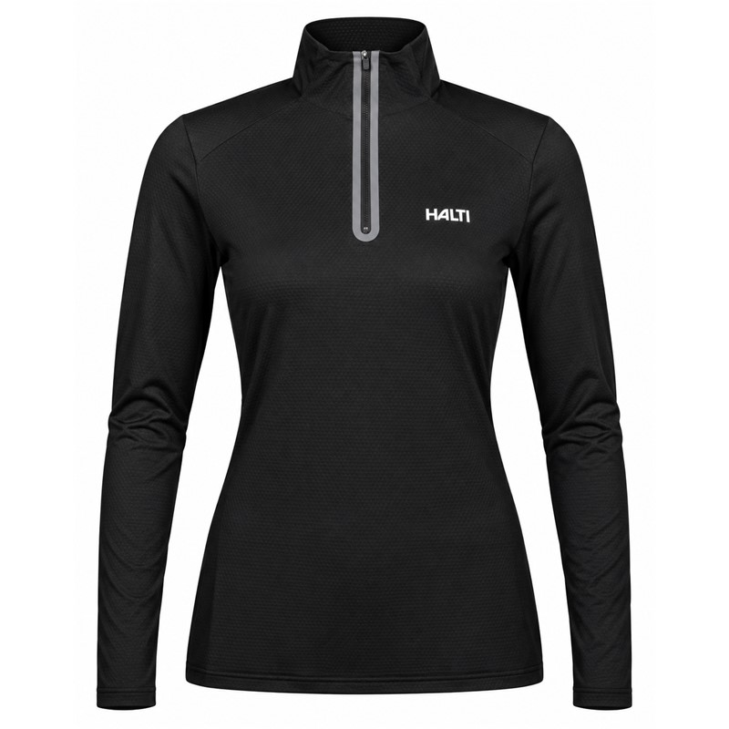 Ženski tehnični smučarski puli HALTI JAAKO BLACK v elegantni črni barvi. Lahek material Active Dry Sport Knit iz 94 % recikliranega poliestra in 6 % elastana, mrežasto strukturirana notranjost ter visok ovratnik zagotavljajo učinkovito odvajanje vlage, zračnost in svobodo gibanja pri smučanju, pohodništvu ter drugih športnih aktivnostih.