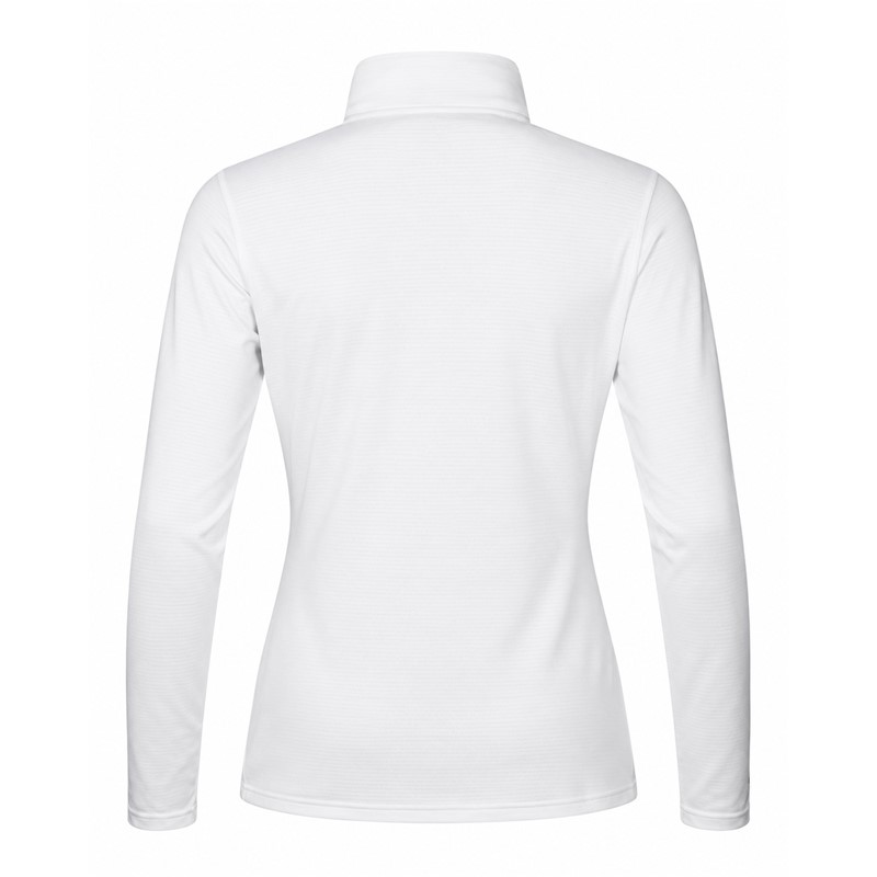 Ženski tehnični smučarski puli HALTI JAAKO WHITE v elegantni beli barvi s kontrastno črno zadrgo. Lahek material Active Dry Sport Knit iz 94 % recikliranega poliestra in 6 % elastana, mrežasto strukturirana notranjost ter visok ovratnik zagotavljajo učinkovito odvajanje vlage, zračnost in svobodo gibanja pri smučanju, pohodništvu in drugih športnih aktivnostih.