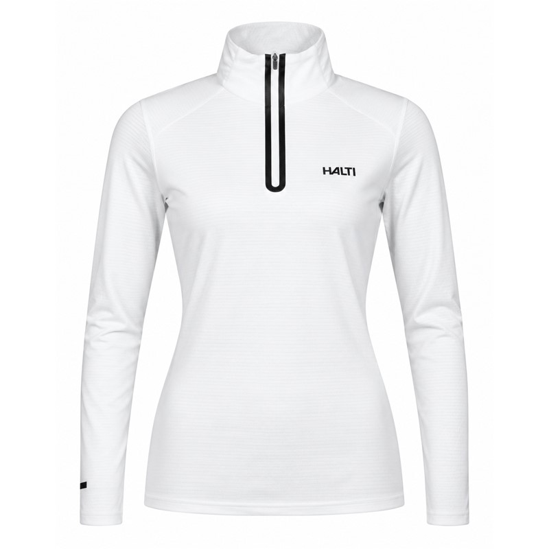 Ženski tehnični smučarski puli HALTI JAAKO WHITE v elegantni beli barvi s kontrastno črno zadrgo. Lahek material Active Dry Sport Knit iz 94 % recikliranega poliestra in 6 % elastana, mrežasto strukturirana notranjost ter visok ovratnik zagotavljajo učinkovito odvajanje vlage, zračnost in svobodo gibanja pri smučanju, pohodništvu in drugih športnih aktivnostih.