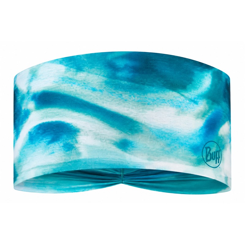 Lahek in zračen ženski športni trak BUFF® CoolNet UV® Ellipse Headband Newa Pool s tehnologijo HeiQ®, UV-zaščito UPF 50, 95 % reciklirane vsebine in silikonskim oprijemom za tek, pohodništvo in intenzivne športne aktivnosti.